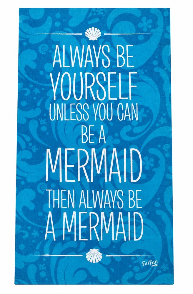 Pigment-printed novelty beach towel, blue with typographic design